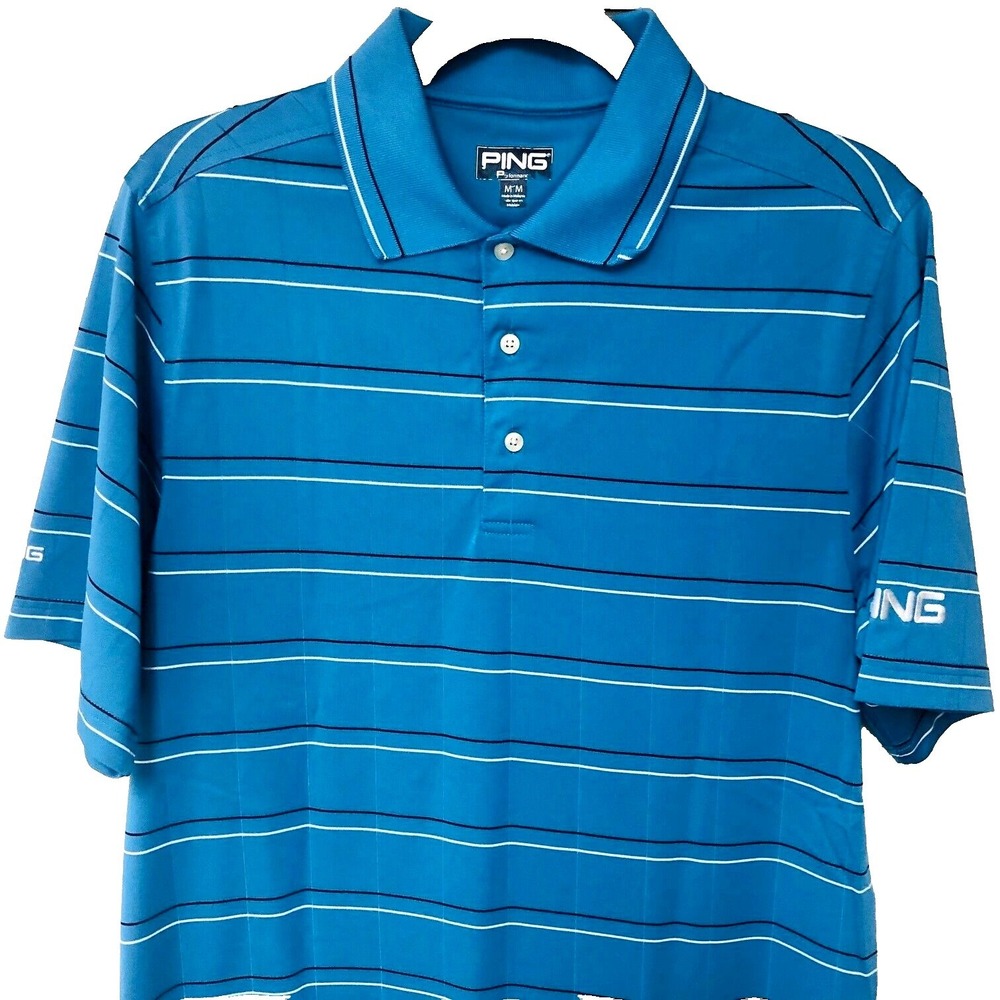 PING Mens Performance Golf Polo Shirt M‎ Blue Stripe Embroidered Logo Activewear